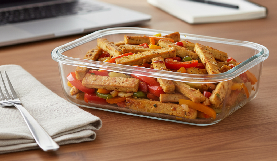 Plato de comida saludable para llevar al trabajo y comer en la oficina en tupper de cristal.