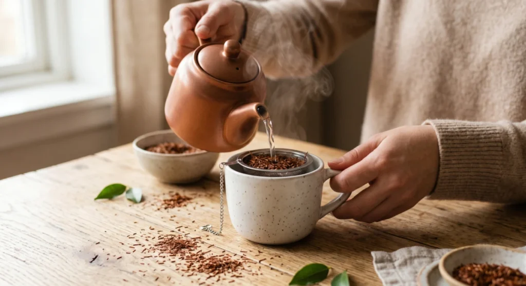 Preparación de rooibos vertiendo agua caliente sobre un infusor con hojas sueltas en una taza