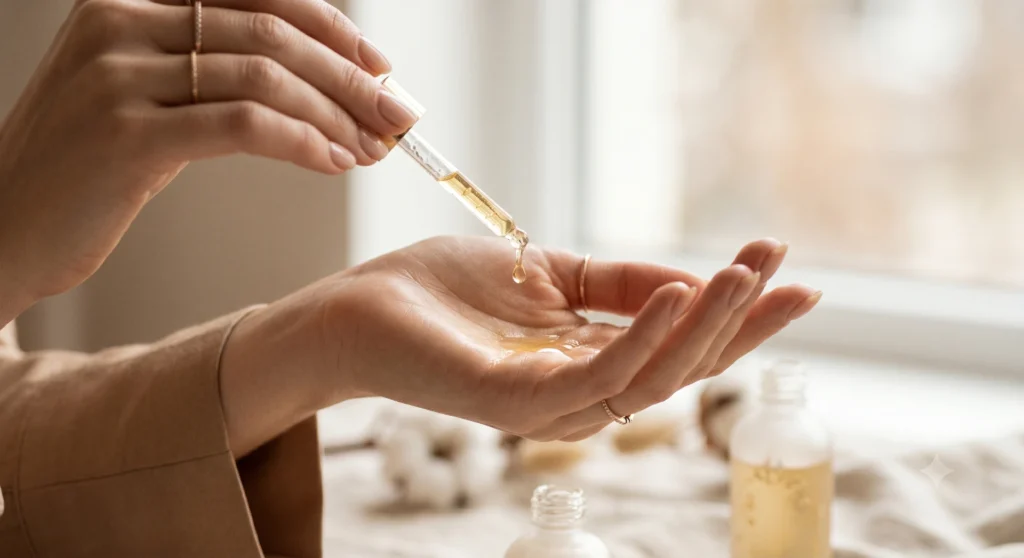 Aplicación de aceite de jojoba en la mano con cuentagotas