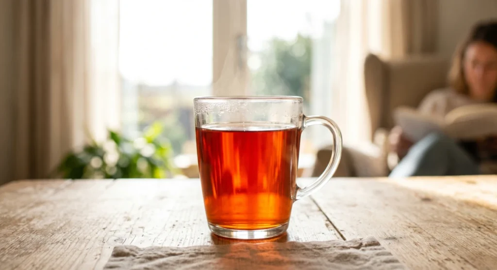 Taza de cristal con rooibos caliente sobre mesa de madera en un ambiente doméstico