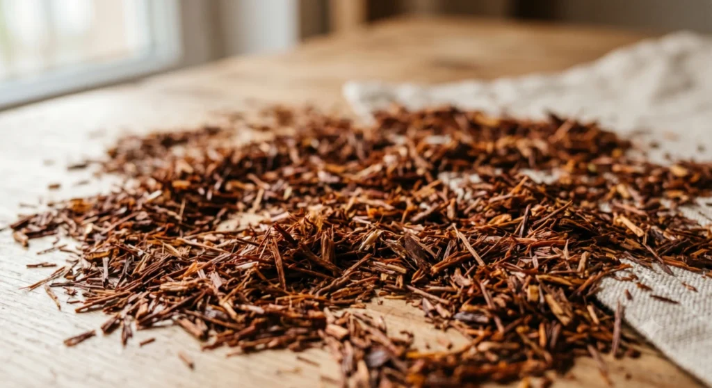 Hojas sueltas de rooibos secas extendidas sobre una mesa de madera