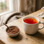 Taza de rooibos humeante junto a hojas sueltas de rooibos en un cuenco sobre mesa de madera