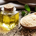 Aceite de sésamo en grano y aceite de sésamo para cocinar.