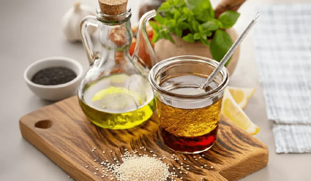 Aceite de sésamo en aceitera lista para cocinar.