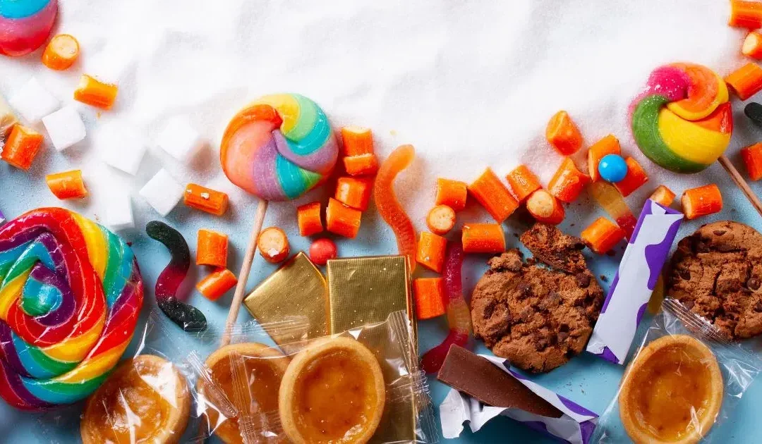 Mesa dulce con diversas chucherías y repostería para ejemplificar el impacto del azúcar en los niños.