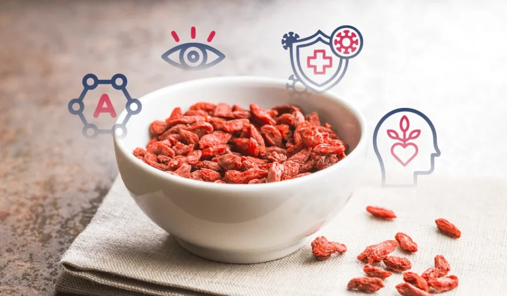 Plato de bayas de goji y beneficios simulados con iconos añadidos.