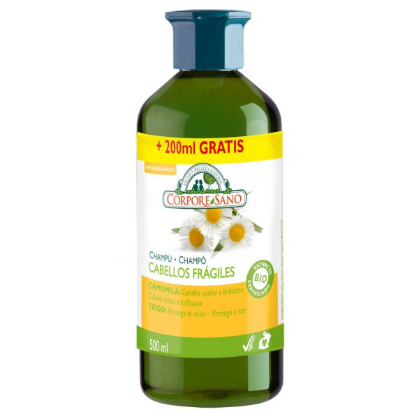 Champú cabellos rubios y frágiles camomila, abedul y trigo 300ml. + 200ml. Corpore Sano