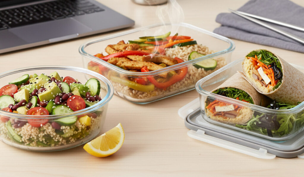 Distintas opciones de platos de comidas saludables para llevar al trabajo.