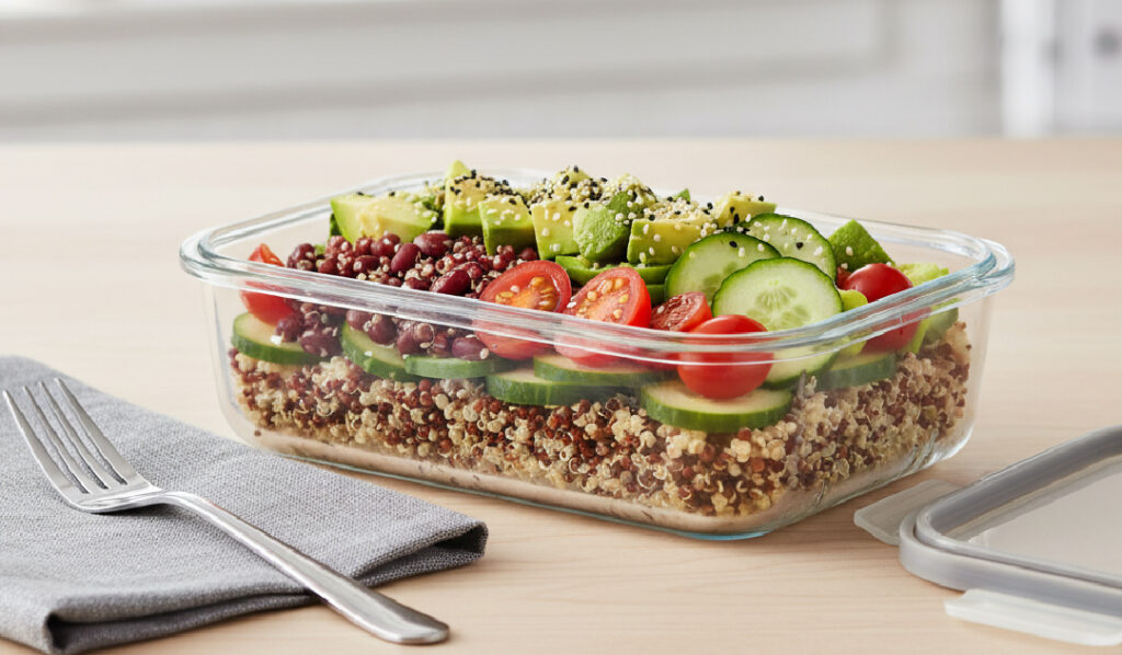 Plato de comida saludable para llevar al trabajo: ensalada de azuki, quinoa y aguacate. 