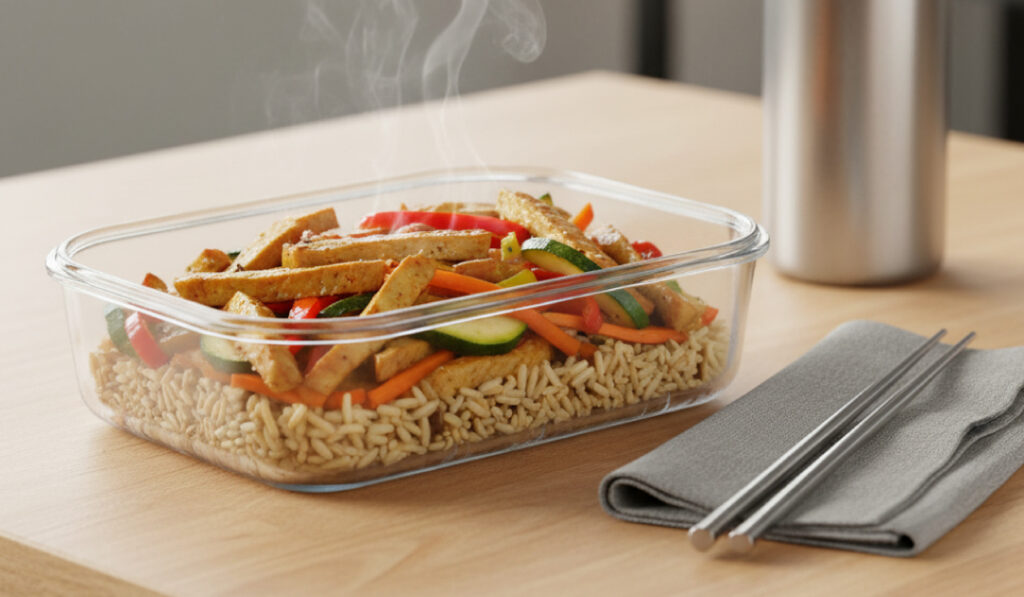 Bowl templado de seitán y verduras al wok, una de las comidas más saludables para la oficina.