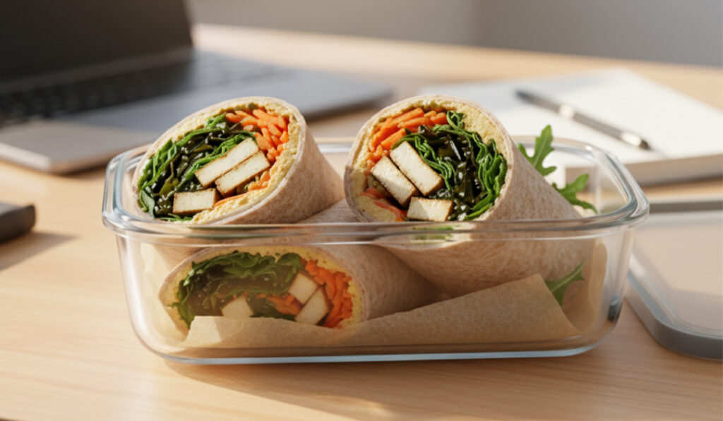 Wrap integral de verduras, hummus y alga kombu.