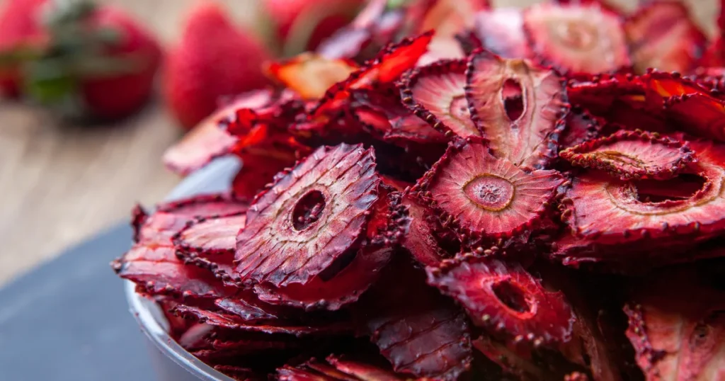 Primer plano de plato de fresas deshidratadas.