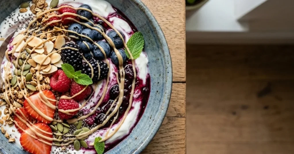 Yogur bowl antioxidante con hilo de tahini