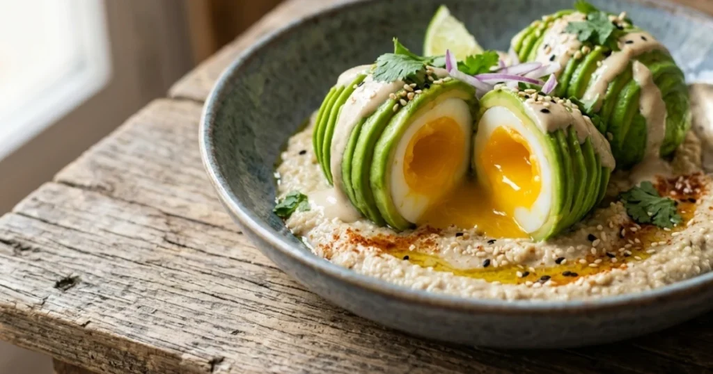 Huevos "nuez" con tahini y aguacate