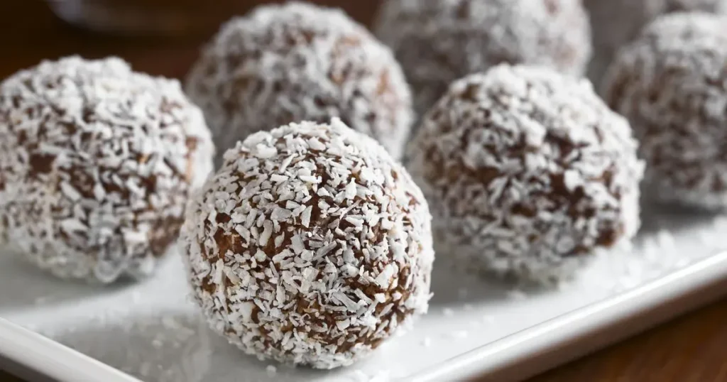 ‘Bombones’ de plátano y chocolate recubiertos de coco.