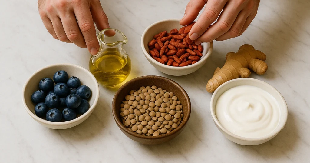 Seis super alimentos: arándanos, aceite de oliva, lenteja, bayas de goji, gengibre y yogurto.